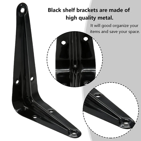 Close-up of Ten Pack Beefy Black Shelf Brackets 4 by 3 Inch Metal Floating Shelf Brackets, showing high-quality black metal finish