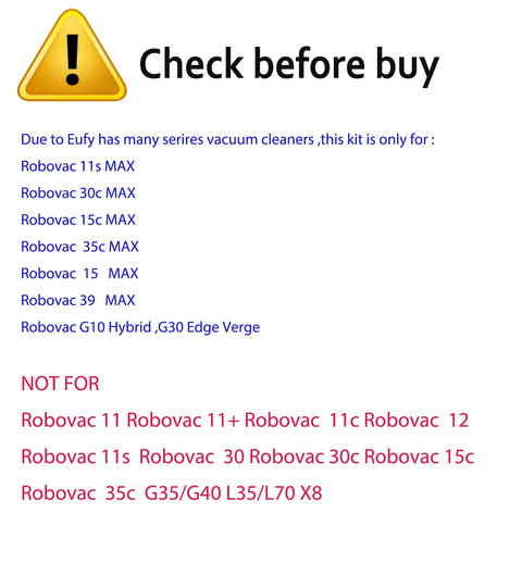 Warning sign with text listing compatible models for RoboVac Replacement Parts Kit For 11S Max 15C Max 30C Max 39C Max G10 G30 G32 Edge.