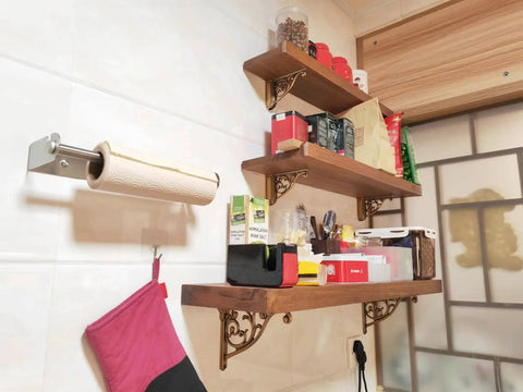 8 Inch Heavy Duty Antique Brass Shelf Brackets Set Of 4 For Wall Mounted Shelves installed in kitchen with decor