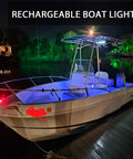 Rechargeable Boat Lights With USB Charging illuminating a boat deck at night, showcasing dope color RGB LED interior deck lights.