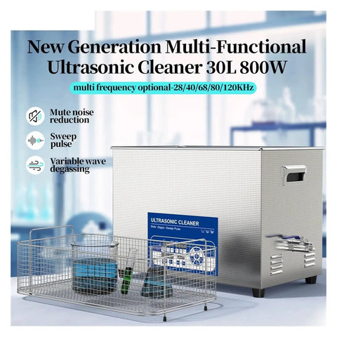 Heavy Duty 800W Ultrasonic Cleaner With Multi Frequency Tank And Digital Timer That Scraps Away Stubborn Gunk Without Breaking A Sweat And Leaves Your Auto Parts Looking Crisp Daily with a 30L tank and various beakers.