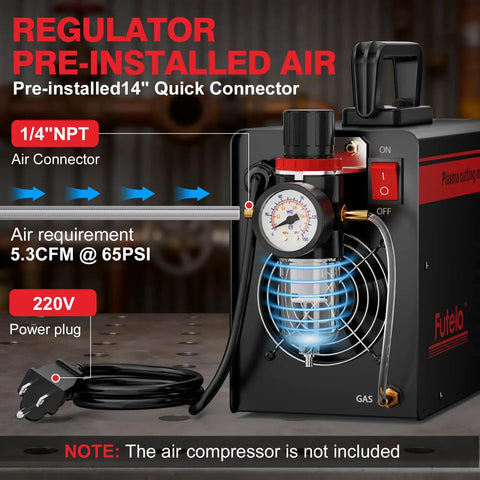 Dual Voltage Plasma Cutter 55A With Large LED Display, showing air connector and power plug, note on compressor exclusion