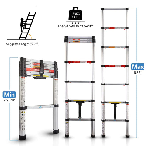 Stainless Steel Telescoping Ladder With One Button Retraction Anti Pinch And Anti Slip Slow Down Design Portable Six Point Five Feet Extension Ladder Heavy Duty 330 Lbs Capacity Lightweight Yet Sturdy For Easy Climbing