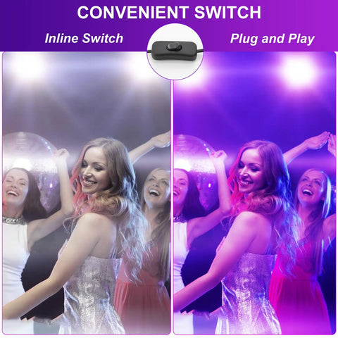 People dancing at a glow party with 30W LED Black Light Flood Lights for glow parties, showing UV purple glow effect on clothing.