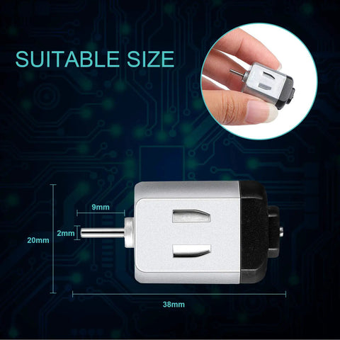 Graphic showing dimensions of Twenty Pieces Micro DC Motors 1.5V to 3V 23000 RPM for DIY Toys and Science Projects, motor in hand