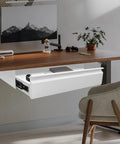 Slick 22 Inch Under Mount Desk Drawer Slide Out Kit showing white storage drawer mounted under a wooden desk.