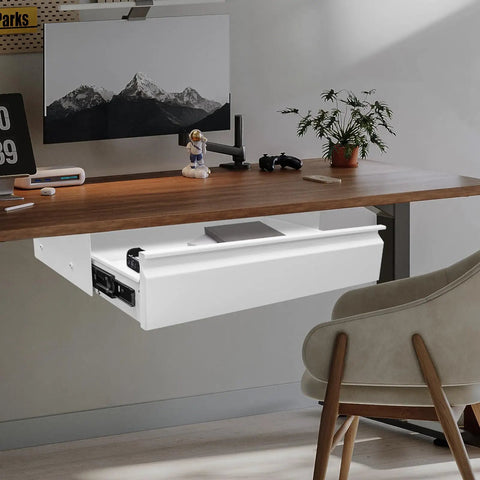 Slick 22 Inch Under Mount Desk Drawer Slide Out Kit showing white storage drawer mounted under a wooden desk.