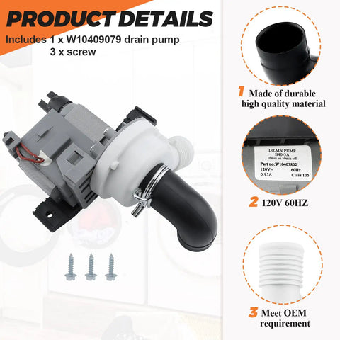 Washer Drain Pump Replacement Fits Whirlpool Maytag Kenmore Washers Replaces W10403802 WPW10409079 AP6021043 PS11754363 EAP11754363 2118648 120V 0.95A 60Hz Durable Easy Install Plug And Play, 1 x drain pump with 3 screws