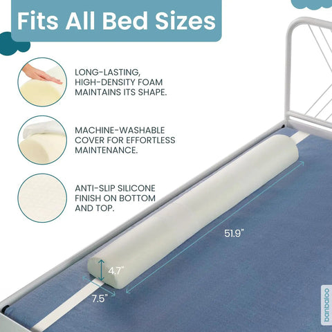 Skip The Worry With This Ultra Cozy Foam Bed Bumper That Anchors Toddler Squad Firmly Against Dangerous Nighttime Roll Outs While Granting Parents Unrestricted Access, showing machine-washable soft foam bed rail.