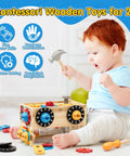 Toddler playing with Wooden Toddler Tool Set For Tots 2 To 4, featuring toolbox, hammer, gears, promoting hand-eye coordination and creativity.