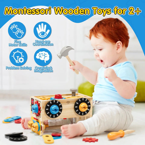Toddler playing with Wooden Toddler Tool Set For Tots 2 To 4, featuring toolbox, hammer, gears, promoting hand-eye coordination and creativity.