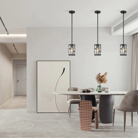 Modern Crystal Pendant Lights 3 Pack Matte Black Finish Hanging Fixtures With Clear Faceted Crystals For Living Room Kitchen And Hallway Totally Chic Contemporary Chandelier Lighting Set above dining table