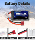 Dope 7.4V 1100mAh 2S LiPo RC Battery With 35C Continuous Burst 70C Peak Dean Style T Plug for RC cars and trucks