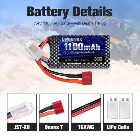 Dope 7.4V 1100mAh 2S LiPo RC Battery With 35C Continuous Burst 70C Peak Dean Style T Plug for RC cars and trucks