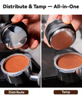 Close-up of 58mm espresso tamper distributing and tamping coffee grounds for optimal espresso prep, Level Up Your Home Cafe Setup With This Premium 58Mm Espresso Tamper And Coffee Distributor Bundle Including A Sharp WDT Tool For Even Distribution And Nailed Every Single Pull.