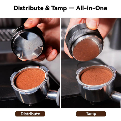 Close-up of 58mm espresso tamper distributing and tamping coffee grounds for optimal espresso prep, Level Up Your Home Cafe Setup With This Premium 58Mm Espresso Tamper And Coffee Distributor Bundle Including A Sharp WDT Tool For Even Distribution And Nailed Every Single Pull.