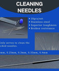 Front collage of 10-piece stainless steel 3D printer nozzle cleaning needles; diameters 0.2–0.4 mm with knurled cleaning rod