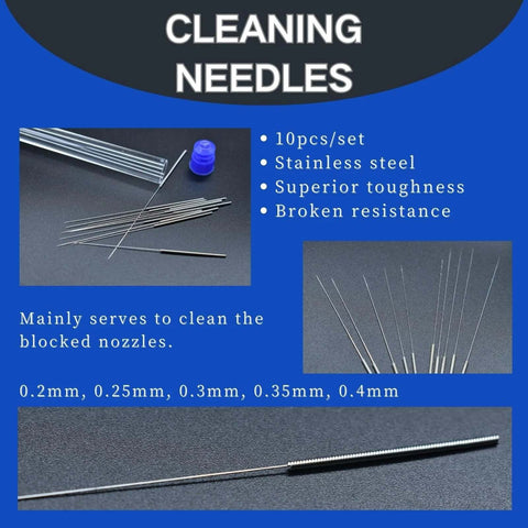 Front collage of 10-piece stainless steel 3D printer nozzle cleaning needles; diameters 0.2–0.4 mm with knurled cleaning rod
