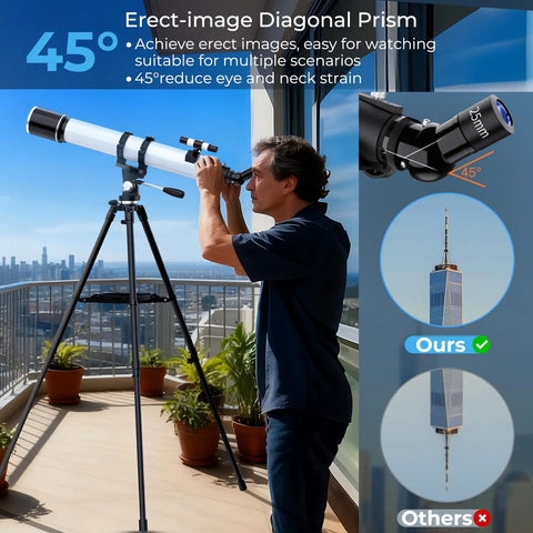 Person using High Powered 90mm Refractor Telescope For Adults With 900mm Focal Length, 36X To 270X Magnification on balcony.