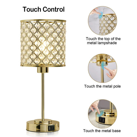 Dope Crystal Table Lamp With USB C And USB A Ports Touch Dimmer Bedside Lamp In Gold with focus on touch control features