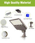 Beastly Bright LED Parking Lot Light with Dusk to Dawn Sensor, 21,000 Lumen, IP65 waterproof features and materials diagram