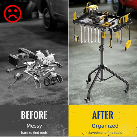 Comparison of messy tool pile before and organized Portable Rolling Tool Cart With Adjustable Height, Magnetic Strip And Hooks after