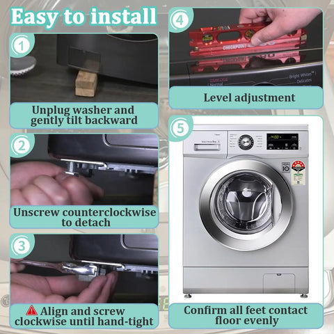 Installation guide for 4 Pack Washing Machine Leveling Legs For LG Front Load Washers Galvanized adjusting with a level bar