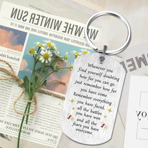 Engineer Graduation Gift Dog Tag Keychain For Class Of 2026 with inspirational quote and flower background, 2 x 1.1 in, 25.8 g.