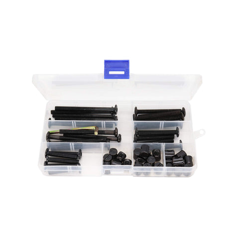 M6 Black Socket Cap Screws And Barrel Nut Hardware Kit 25 Piece Set For Cribs in open plastic box with compartments