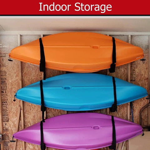 Beefy Heavy Duty Wall Mount Storage Hooks For Kayaks And Paddleboards 4 Pack Garage Rack Hangers With 150 Lbs Capacity Space Saving Wall Mount Organizer For Canoes Boards And More shown storing three colorful kayaks indoors