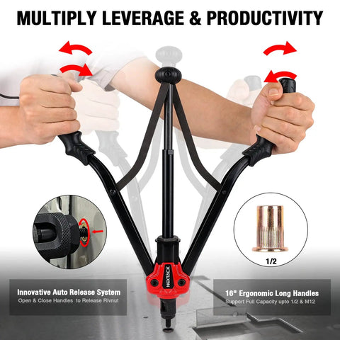16 Inch Semi Automatic Rivet Nut Tool Kit With Quick Swap Mandrels And Sleek Portable Case showcasing ergonomic handles for ease in automotive tasks.
