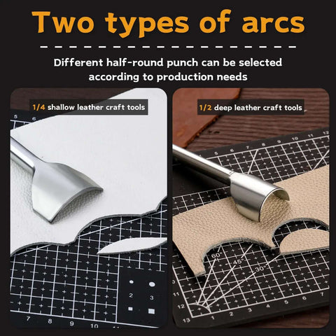 14 Size Leather Corner Punch Set With Half Round Punches And Leather End Punch Kit showing 1/4 and 1/2 arc punches on leather