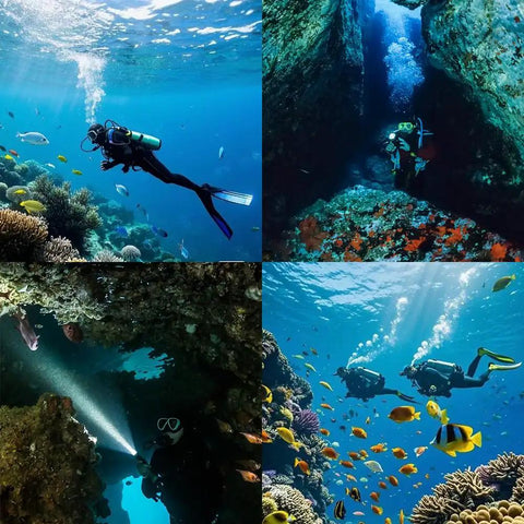 Scuba divers using Beast Underwater Dive Light 1500 Lumen Rechargeable Flashlight IPX8 Waterproof 3 Modes exploring vibrant coral reef