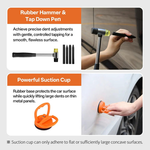 Dual Grade Dent Repair Kit for Cars With Adjustable Dent Lifter and Heavy Duty Bridge Puller for Paintless Dent Removal Tools Ideal for Auto Body DIY Car Care and Mobile Repairs Pro Grade PDR Kit rubber hammer and suction cup in use