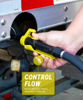 Trouble Free Trucker Tested 12 Volt Electric Fuel Drum Pump With Quick Squeeze Flow Control Nozzle at connection point.