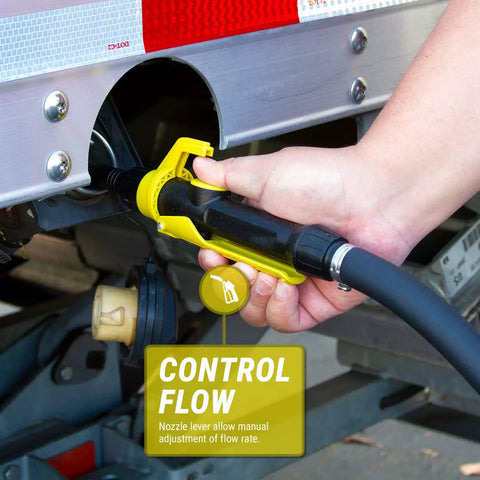 Rugged Telescopic Electric Gasoline Transfer Pump Pushes 4 2 Gpm Through A Rock Solid Flow Control Nozzle in use during fuel transfer.