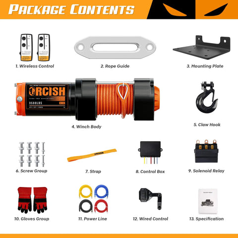 Package contents of 12V 3500Lbs Waterproof Electric Winch Kit For ATV UTV And Truck With Synthetic Rope including remote and controls