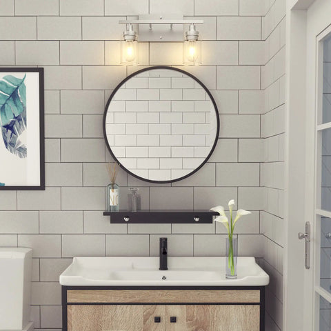 Two-Light Vanity Light With Clear Ribbed Glass Shades And Nickel Finish For Bathroom Over Mirror Modern Industrial Chic Style E26 Standard Socket