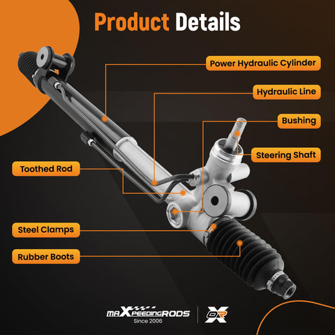 Heavy Duty Hydraulic Power Steering Rack And Pinion 22 1014 Direct Fit For Chevy Trailblazer Trailblazer EXT SSR GMC Envoy Envoy XL Buick Rainier Oldsmobile Bravada Isuzu Ascender Saab 9-7x showing toothed rod, hydraulic line and boots
