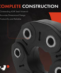 Close-up of A-Premium drive shaft flex joint coupling, black metal with silver bearing rings