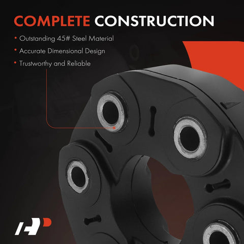 Close-up of A-Premium drive shaft flex joint coupling, black metal with silver bearing rings