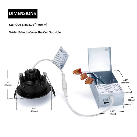 Dimensions diagram of Canless Recessed Gimbal Downlight 3 Inch Eyeball Spotlight 8W Dimmable With 5 CCT Adjustable 360 Degree Rotatable And 40 Degree Tilt Junction Box Included Black Round Trim 6 Pack