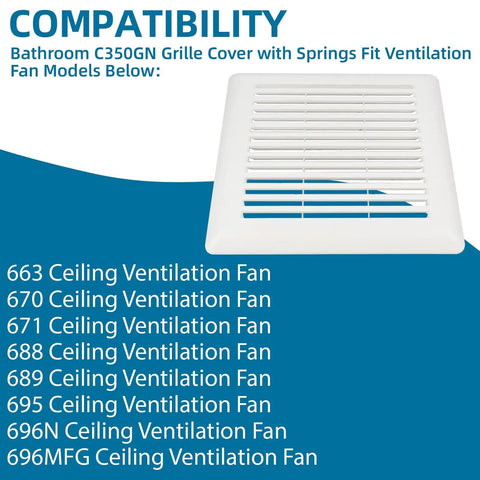 Front view of C350GN grille compatible with 663, 670, 671, 688, 689, 695, 696N, 696MFG ventilation fans with springs.