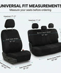 Universal Car Seat Covers Full Set For SUV Truck Sedan Van shown with measurement guide, black fabric, airbag compatible.