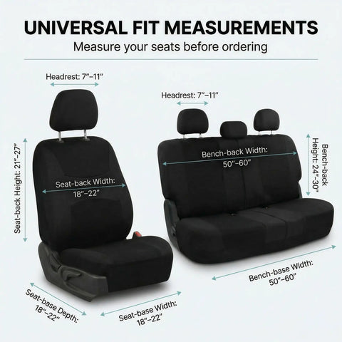 Universal Car Seat Covers Full Set For SUV Truck Sedan Van shown with measurement guide, black fabric, airbag compatible.