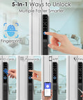 Slim Sliding Glass Door Lock With Biometric Fingerprint Remote App Control Keypad And RFID Access depicted with various unlock methods.