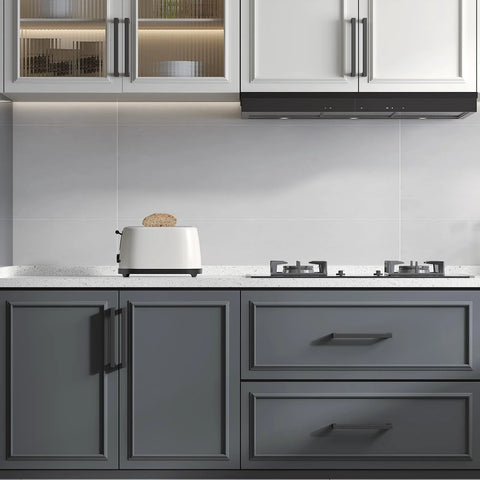 10 Pack 5 Inch Black Cabinet Handles Matte Black Drawer Pulls Stainless Steel 128mm Square Bar Modern Cabinet Hardware installed on modern kitchen cabinets