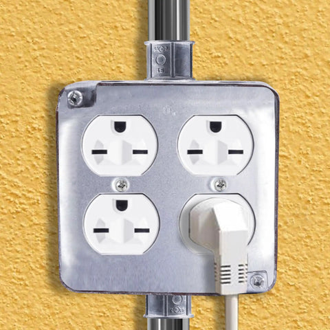 Square Metal Electrical Junction Box 4x4 Inches Two One Eighth Inches Deep Galvanized Steel Drawn Construction With Knockouts For DIY Home Renovation And Commercial Wiring Projects mounted on yellow wall with four outlets in use