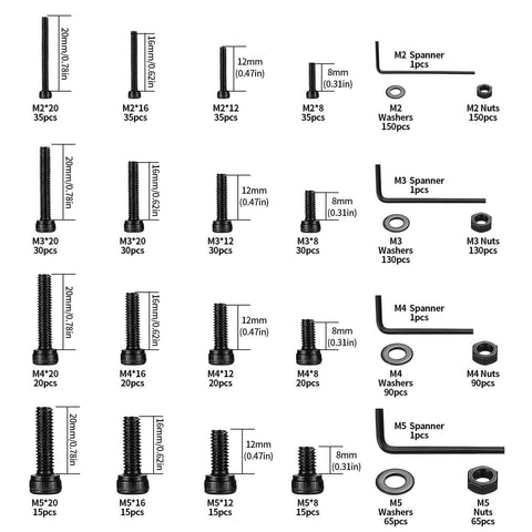 1274 Pcs Metric Screw Set M2 M3 M4 M5 With Hex Socket Head Cap Screws Nuts Washers And Bolts, 12.9 Carbon Steel Beefy Heavy Duty Machine Screw Kit, All In One Metric Bolts And Nuts Set Includes 4 Spanners diagram with items labeled.
