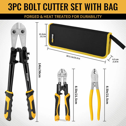 Three Piece Bolt Cutter Set With 14 Inch Heavy Duty Bolt Cutter, 8 Inch Mini Bolt Cutter, and Cable Cutter in Bag for Metal Cutting